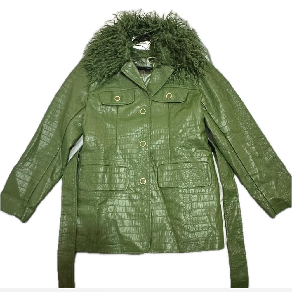 Green Croc Leather Jacket w. Afghan Fur Collar
